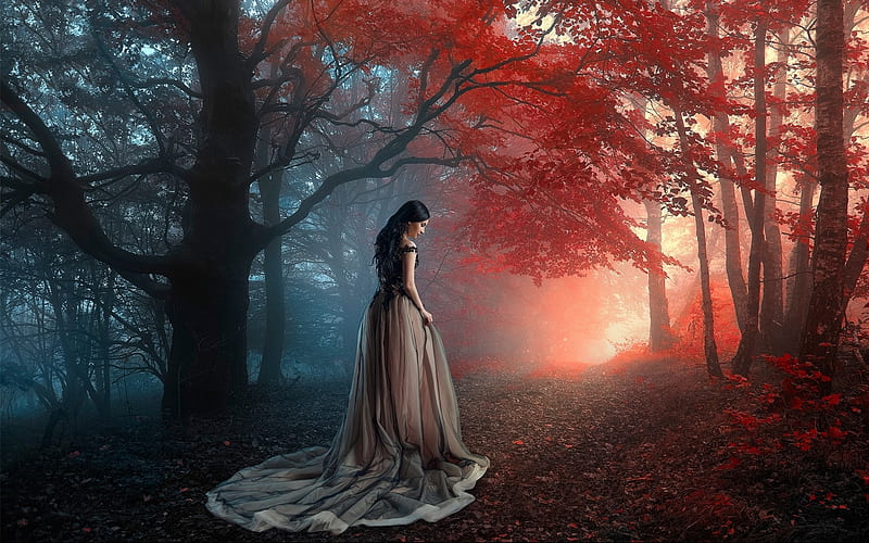 Autumn beauty, red, frumusete, dress, autumn, model, toamna, woman, tree, renat khismatulin, girl, blue, HD wallpaper