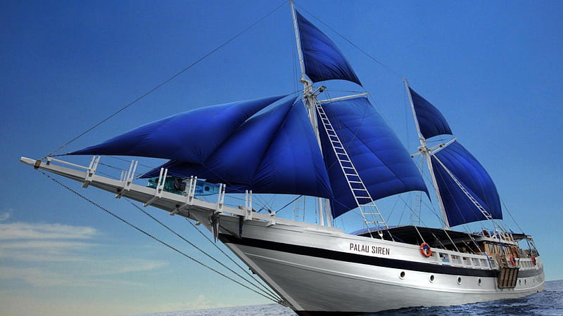 the gorgeous sail yacht palau siren, yacht, sails, sky, sea, blue, HD wallpaper