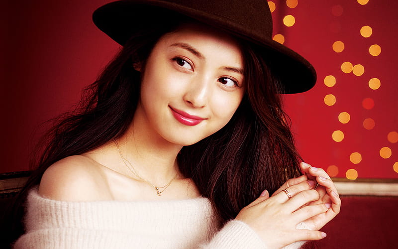 Nozomi Sasaki, Japanese actress, portrait, beautiful Japanese woman in a hat, HD wallpaper