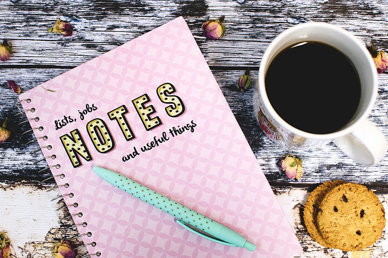 Coffee break, Pink, Coffee, Notebook, Letters, Break, Cookies, Pen, HD wallpaper