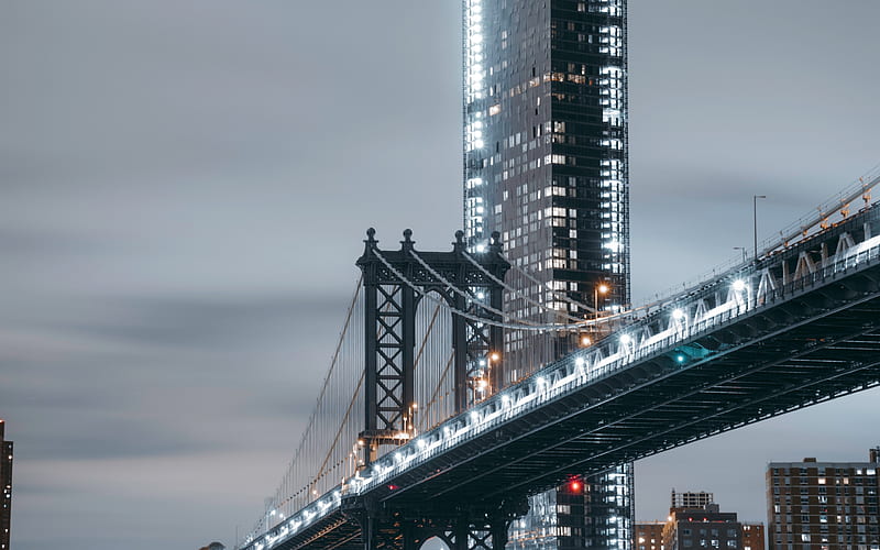 Brooklyn Bridge, night, NYC, modern buildings, New York, USA, America, HD wallpaper