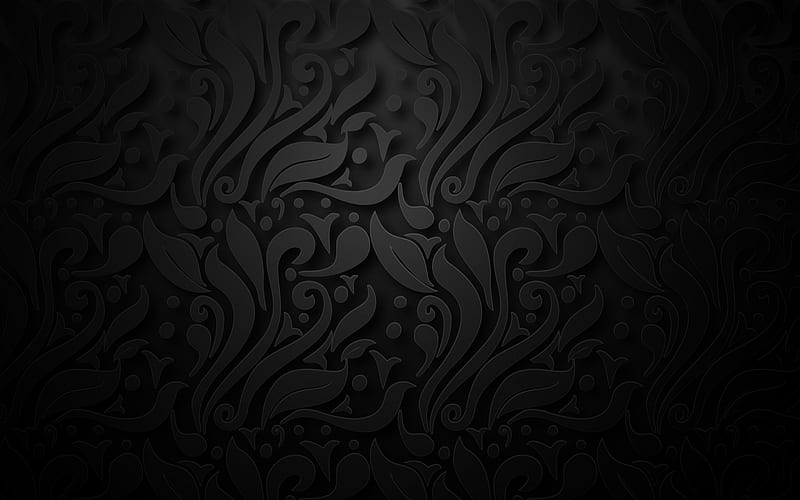 black ornaments texture, black background, floral ornaments background, black texture, HD wallpaper