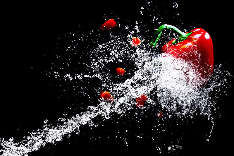 pepper, acqua, black, cibo, food, peperone, pepperone, red, schizzo, skizzo, spray, spruzzare, spruzzo, vegetables, water, HD wallpaper