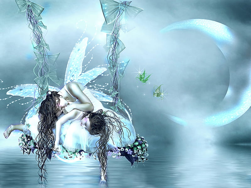 Resting Fairies, moon, water, swing, fairies, abstract, HD wallpaper