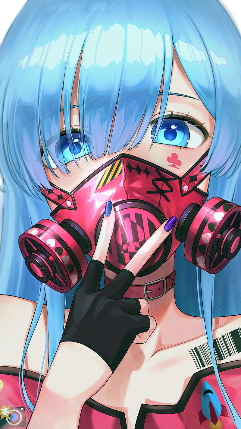 Anime Girl Gas Mask, anime, blue hair, cute, gas mask, girl, manga, HD phone wallpaper