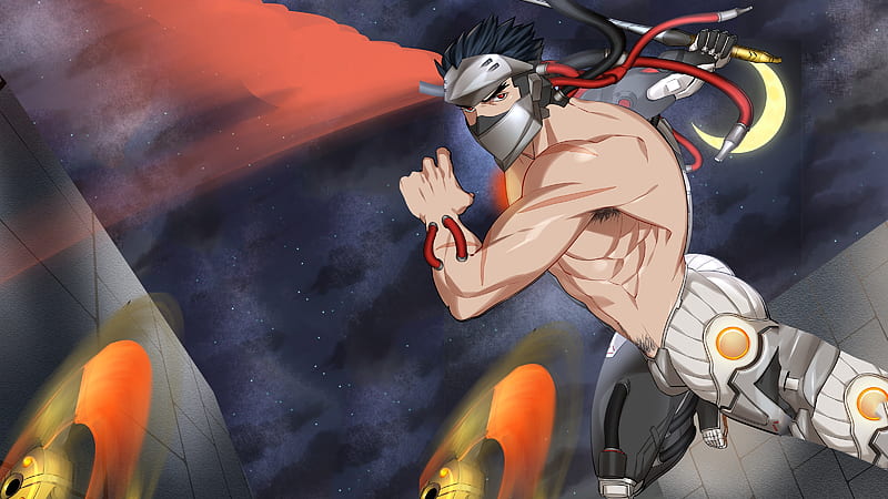 Genji, shirtless, kien biu, muscle, overwatch, HD wallpaper