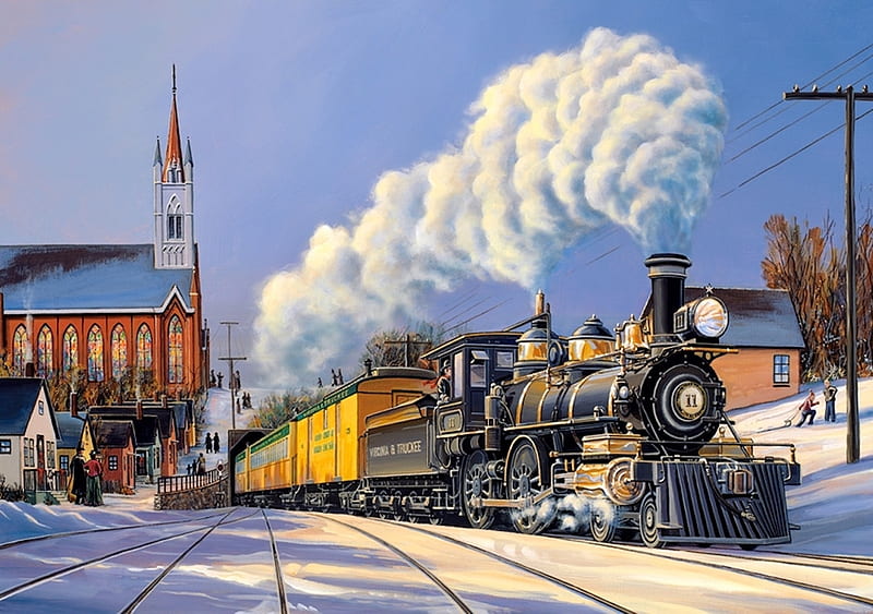 Steaming Through, snow, engine, locomotive, Steam, church, vintage, HD wallpaper