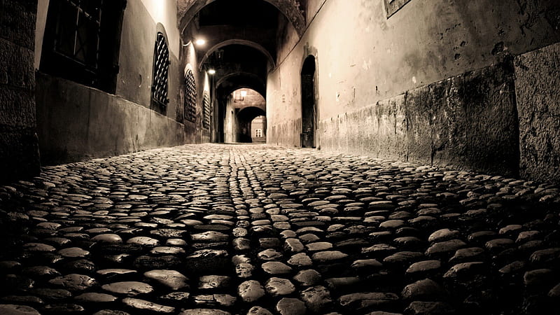cobblestoned alley at night, black and white, cobblestone, alley, lights, HD wallpaper