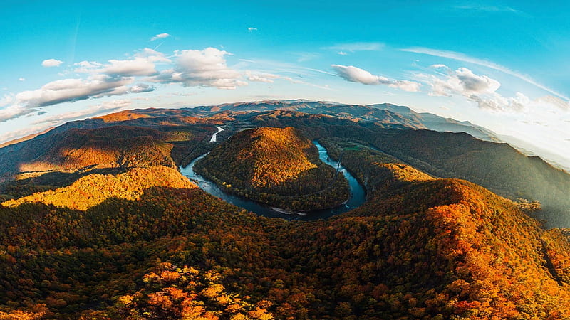French Broad River, usa, horseshoe, colors, autumn, north carolina, landscape, forest, HD wallpaper