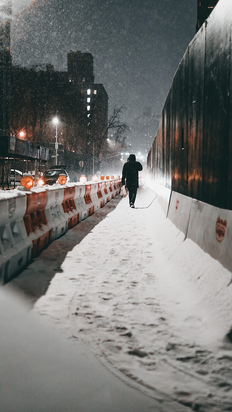 silhouette, street, snow, winter, blizzard, HD phone wallpaper