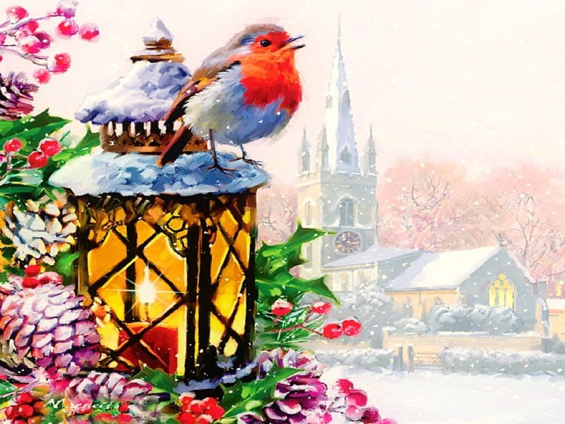 Guiding light, art, lantern, christmas, bonito, guide, winter, bird, snow, painting, peaceful, village, light, HD wallpaper