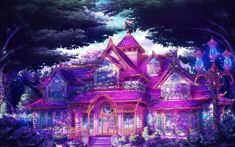 Fantasy mansion, tree, fantasy, house, game, mansion, black, pink, blue, HD wallpaper