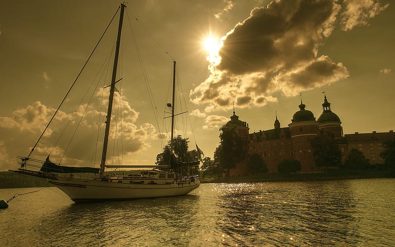 Castles, Castle, Cloud, Island, Lake, Mariefred, Sunbeam, Sweden, Water, Yacht, HD wallpaper