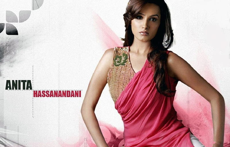 Anita Hassanandani, brunette, pretty eyes, Indian dress, long, traditional Indian dress, pink top, HD wallpaper