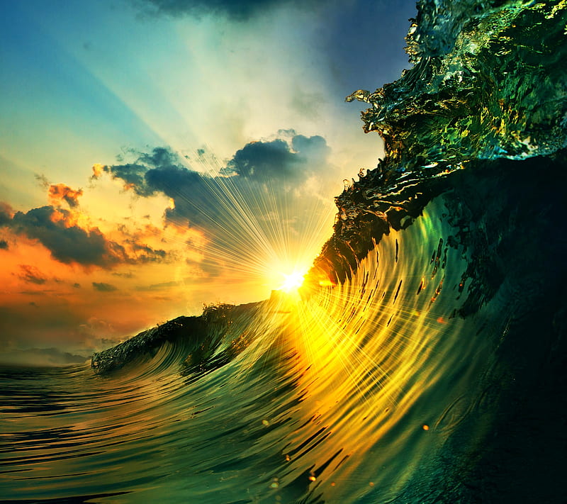sunset over a wave, clouds, green, sky, sunset, wave, HD wallpaper
