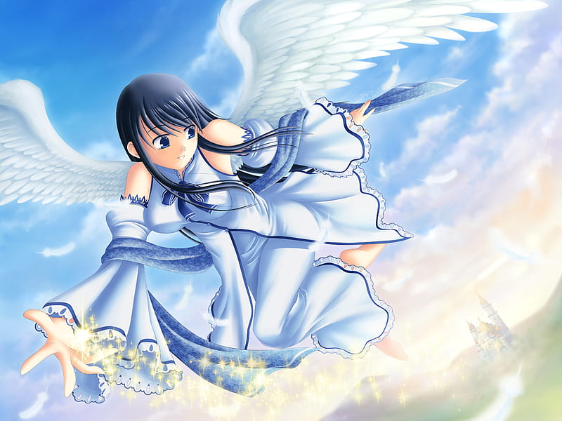 Blessing of Angel, house, magic, wing, fantasy, anime, hot, anime girl, female, cloud, angel, palace, sky, sexy, building, cute, girl, castle, HD wallpaper