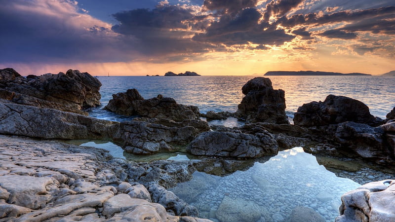 wonderful rocky shore, tidal pool, rocks, shore, sunset, clouds, sea, HD wallpaper