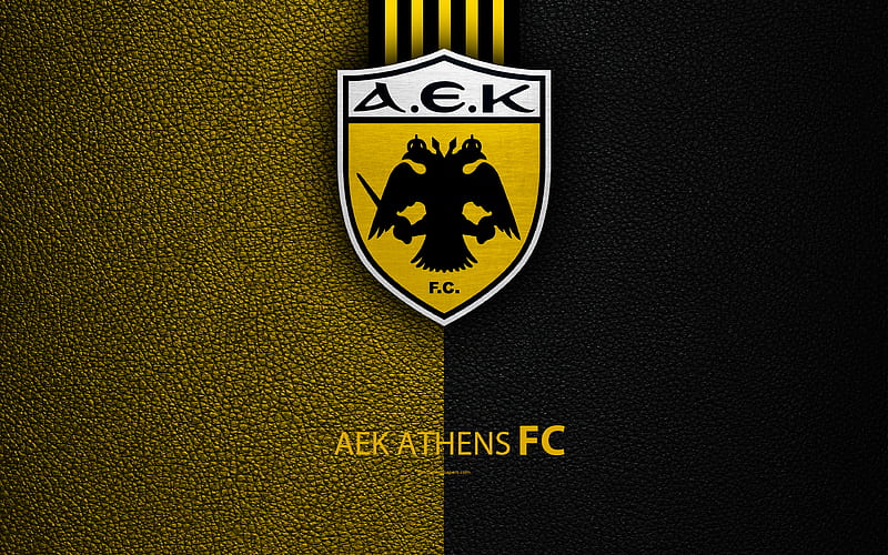 AEK Athens FC logo, Greek Super League, leather texture, AEK emblem, Athens, Greece, football, Greek football club, HD wallpaper