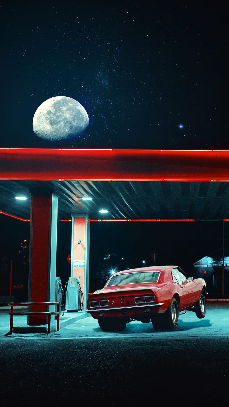 Super red car, moon, stars, gas station, red car, 3d, night, HD phone wallpaper