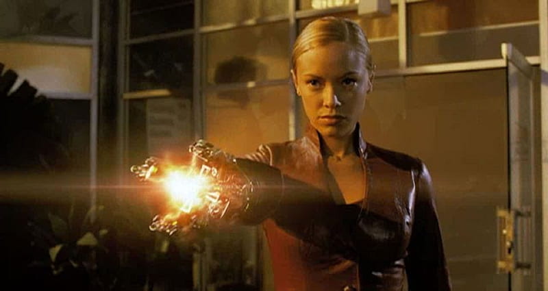 Kristanna Loken, flame thrower attached to right arm, red leather outfit, glass windows and doors, Blonde, HD wallpaper