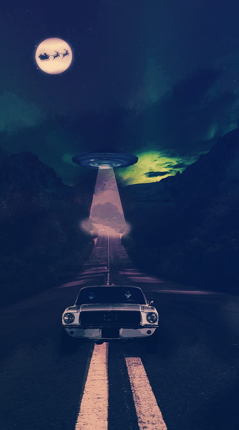 Aliens, car, fantastic, santa claus, ufo, HD phone wallpaper