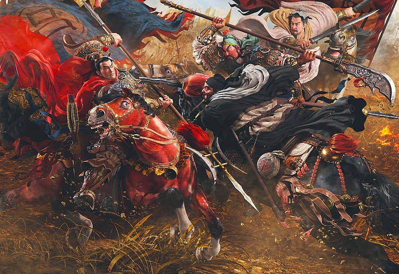 The three heroes combating with Lu Bu, three heroes, chinese, horse, lu bu, art, wang kewei, cal, battle, painting, fight, pictura, HD wallpaper