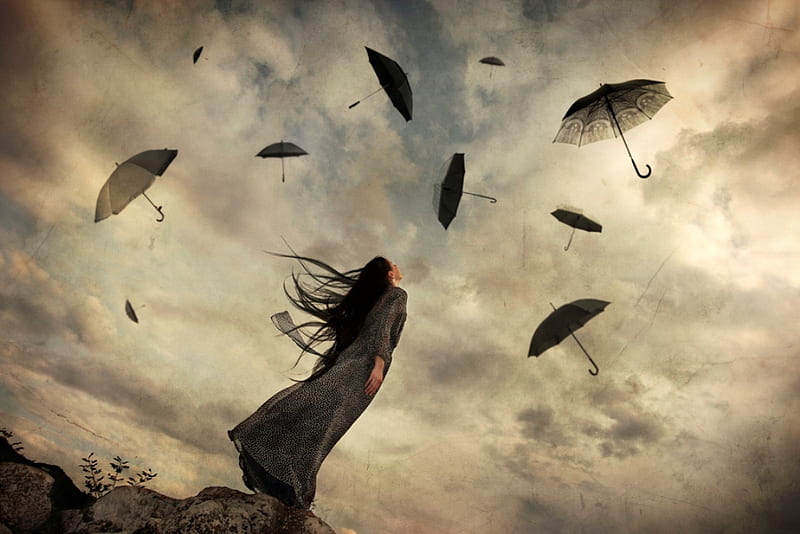 The wind, dress, sun, wind, umbrella, sky, clouds, hair, fantasy, beauty, lady, imagination, HD wallpaper