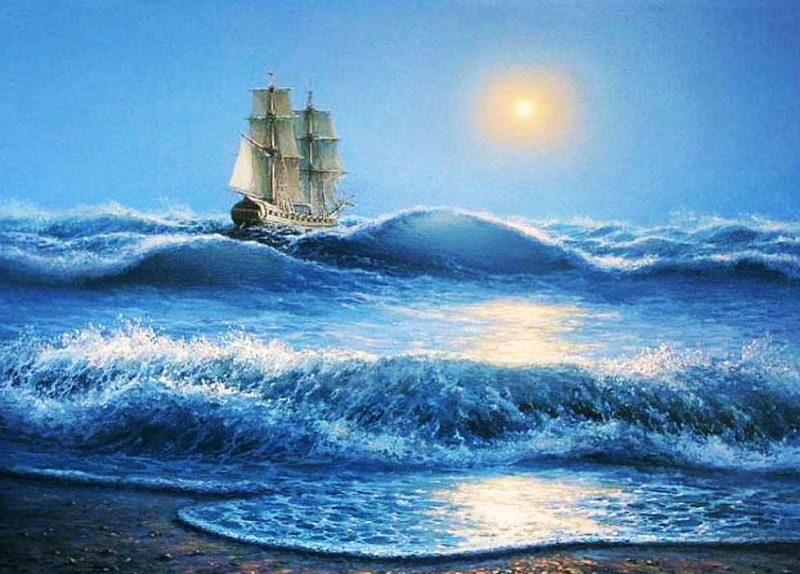 Sailing to the Sunny Side of Life, sun, water, ship, sailship, nature, waves, artwork, sea, HD wallpaper
