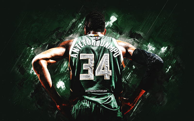Giannis Antetokounmpo, Milwaukee Bucks, NBA, Greek basketball player, green stone background, USA, basketball, HD wallpaper