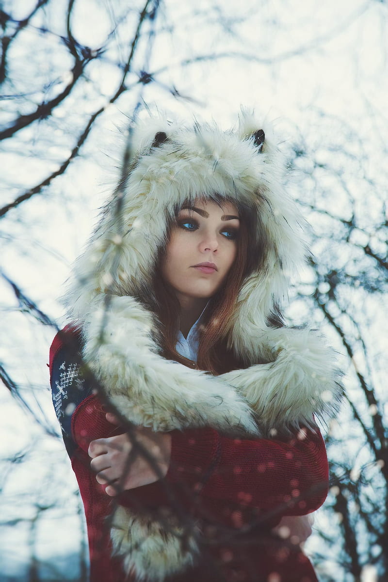 women, wolf ears, winter, forest, sweater, fur, hoods, HD mobile wallpaper