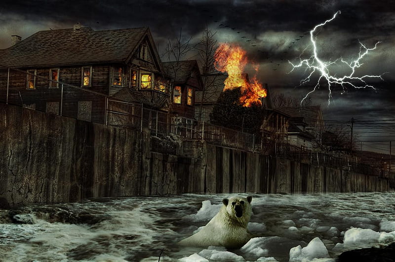 Global Warming, houses, bear, wall, fire, skies, fantasy, lightning, dark, ice, polar, river, night, HD wallpaper