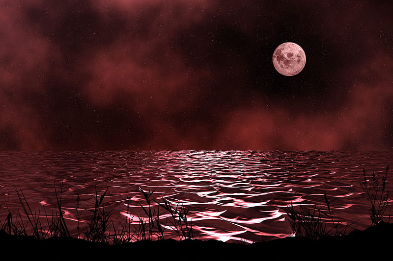 sea, night, moon, waves, dim, red, HD wallpaper