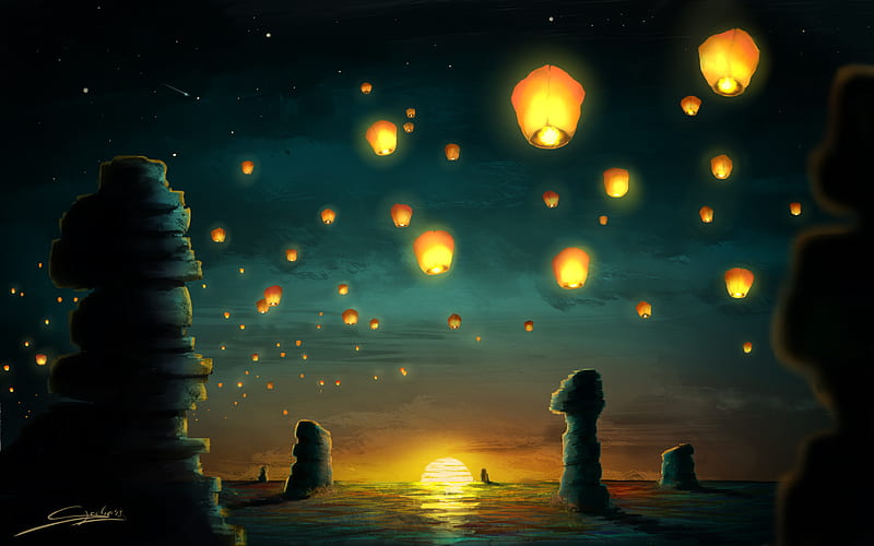 Sunset Lanterns, lantern, artist, artwork, digital-art, HD wallpaper