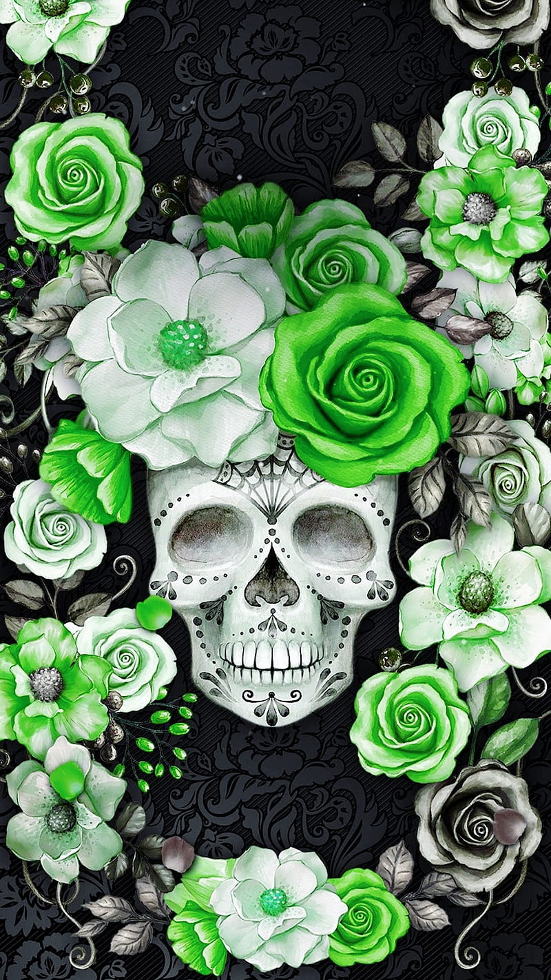 Green skulls, flowers, faces, girl, halloween, HD phone wallpaper
