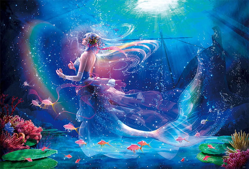 Mermaid, blue, takaki, frumusete, fish, luminos, superb, vara, fantasy, girl, pesti, summer, siren, pink, gorgeous, HD wallpaper