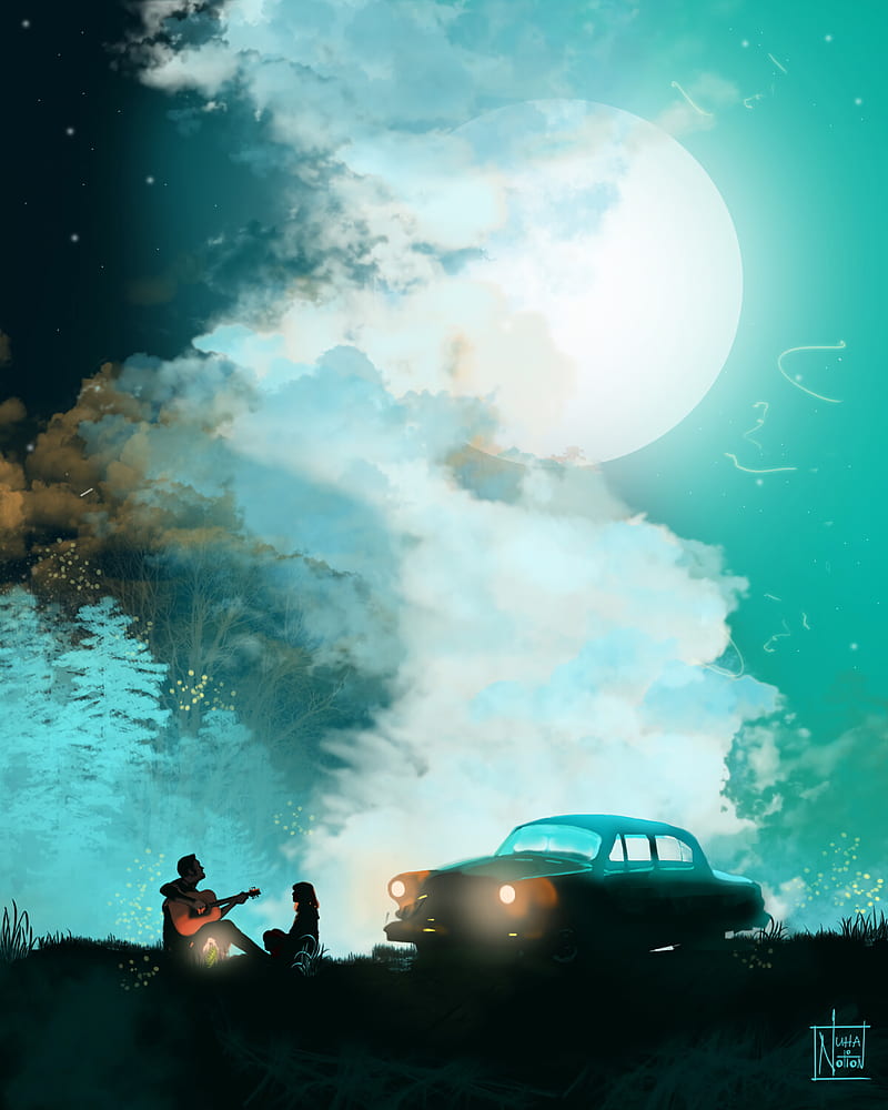 silhouettes, guitar, car, moon, night, art, HD phone wallpaper