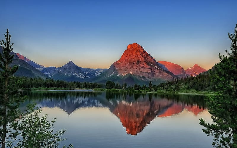 Mountains, Dawn, Mountain, Lake, Reflection, Sunrise, , Montana, Glacier National Park, Sinopah Mountain, Pray Lake, HD wallpaper
