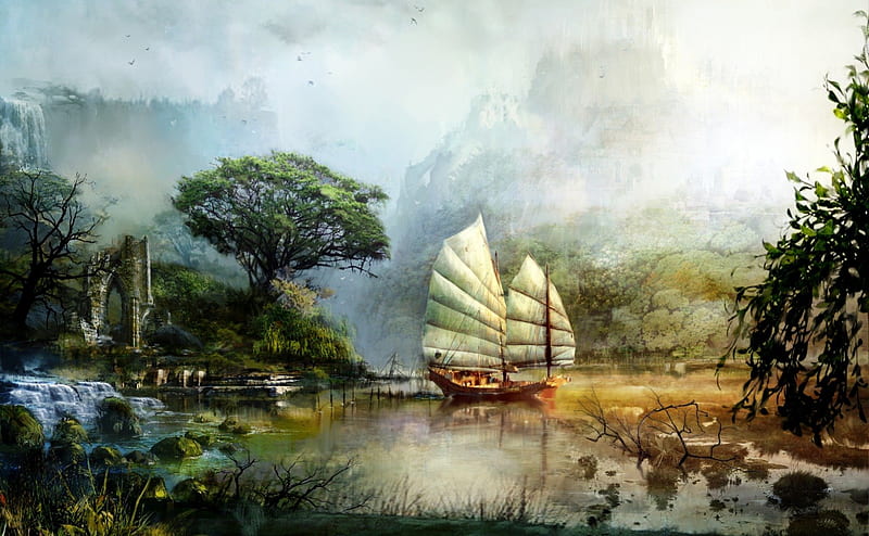 Sailing, art, fantasy, boat, painting, sailing sail, HD wallpaper