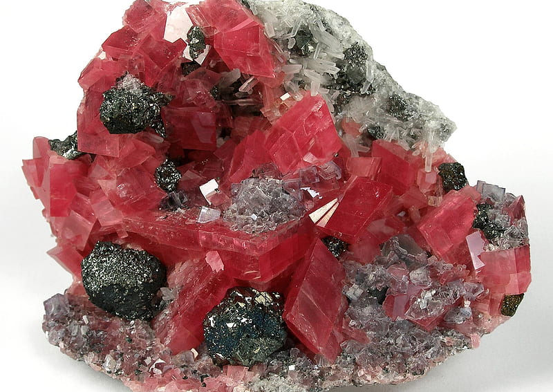 Fluorite & Quartz & Rhodochrosite, red, mineral, fluorite, rhodochrosite, quartz, HD wallpaper