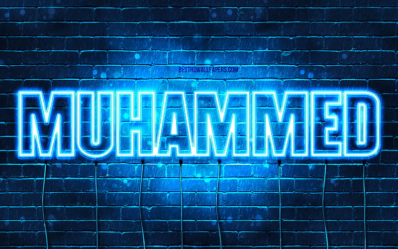 Muhammed with names, Muhammed name, blue neon lights, Happy Birtay Muhammed, popular turkish male names, with Muhammed name, HD wallpaper