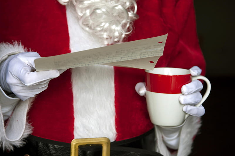 The list, red, santa, craciun, christmas, list, hand, cup, white, HD wallpaper