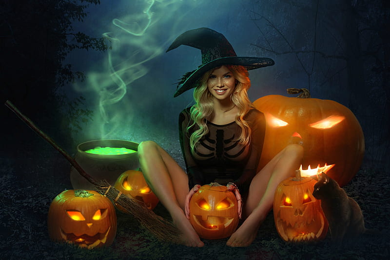 Halloween Witch ~ Nata Lee, blonde, model, pumpkins, halloween, smile, HD wallpaper