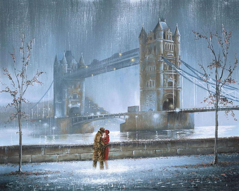 A Kiss in The Rain, england, tower, london, river, rain, couple, HD wallpaper