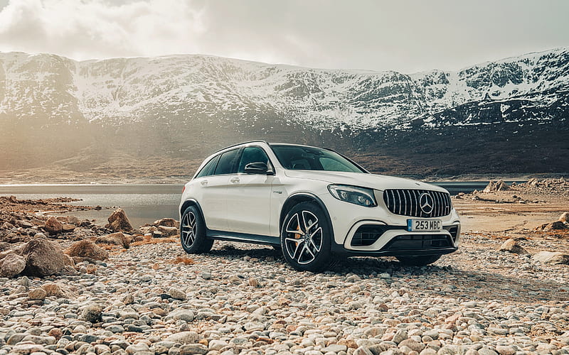 Mercedes-Benz GLC, AMG, 4MATIC, 2018, white GLC-Class, exterior, front view, new white GLC, tuning, mountain river, ession, German cars, Mercedes, HD wallpaper