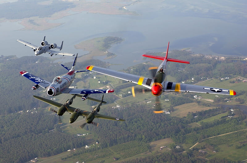 aircraft from the past, a-10, p-38, hampton roads, p-51, f-86, HD wallpaper