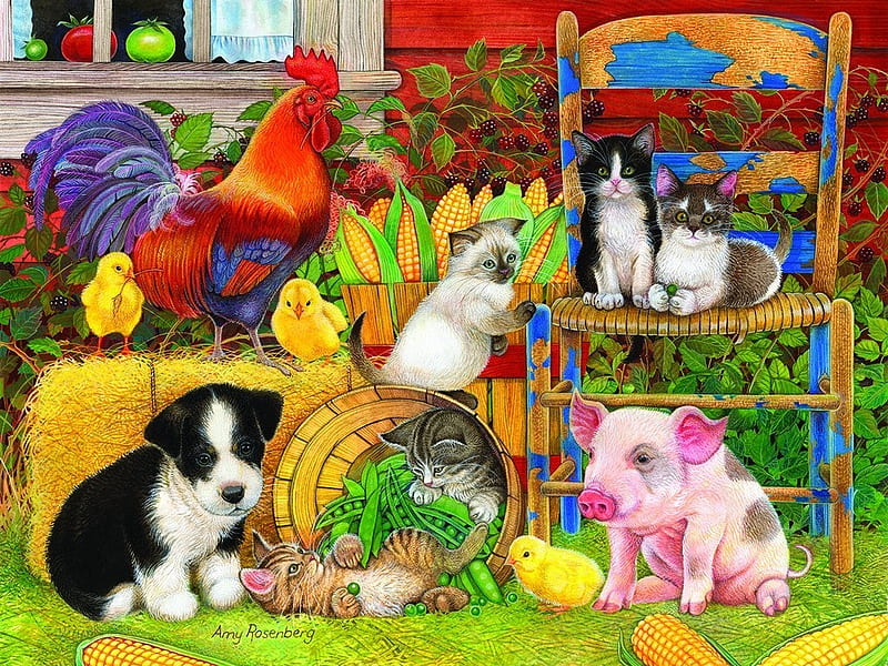 Farm friends, yellow, caine, farm, green, cocos, painting, piglet, pictura, amy rosenberg, pink, dog, puppy, friends, red, rooster, art, cat, pisici, HD wallpaper