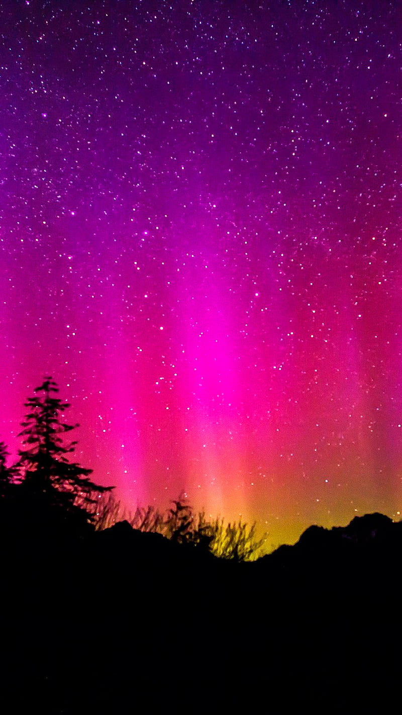 Beautiful Aurora, harmony, landscape, morning, nature, night, pink, sky, starfall, stars, HD phone wallpaper