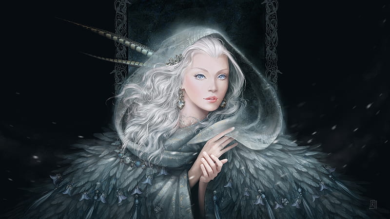 silver bells, art, hair, fantasy, eyes, woman, white, blue, winter, HD wallpaper