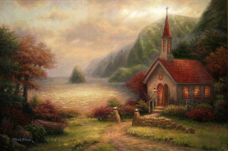 Compassion Church, boulder, steeple, church, trees, lights, entrance, mountain, boat, water, painting, steps, HD wallpaper
