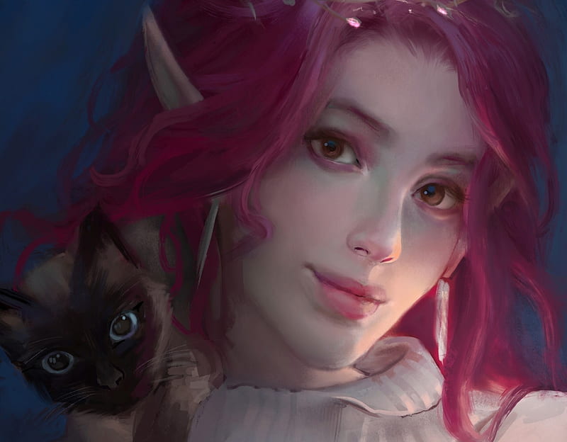 Indi, Girl, Elf, Face, June Lya, Pink, Pisici, Cat, Art, Luminos 